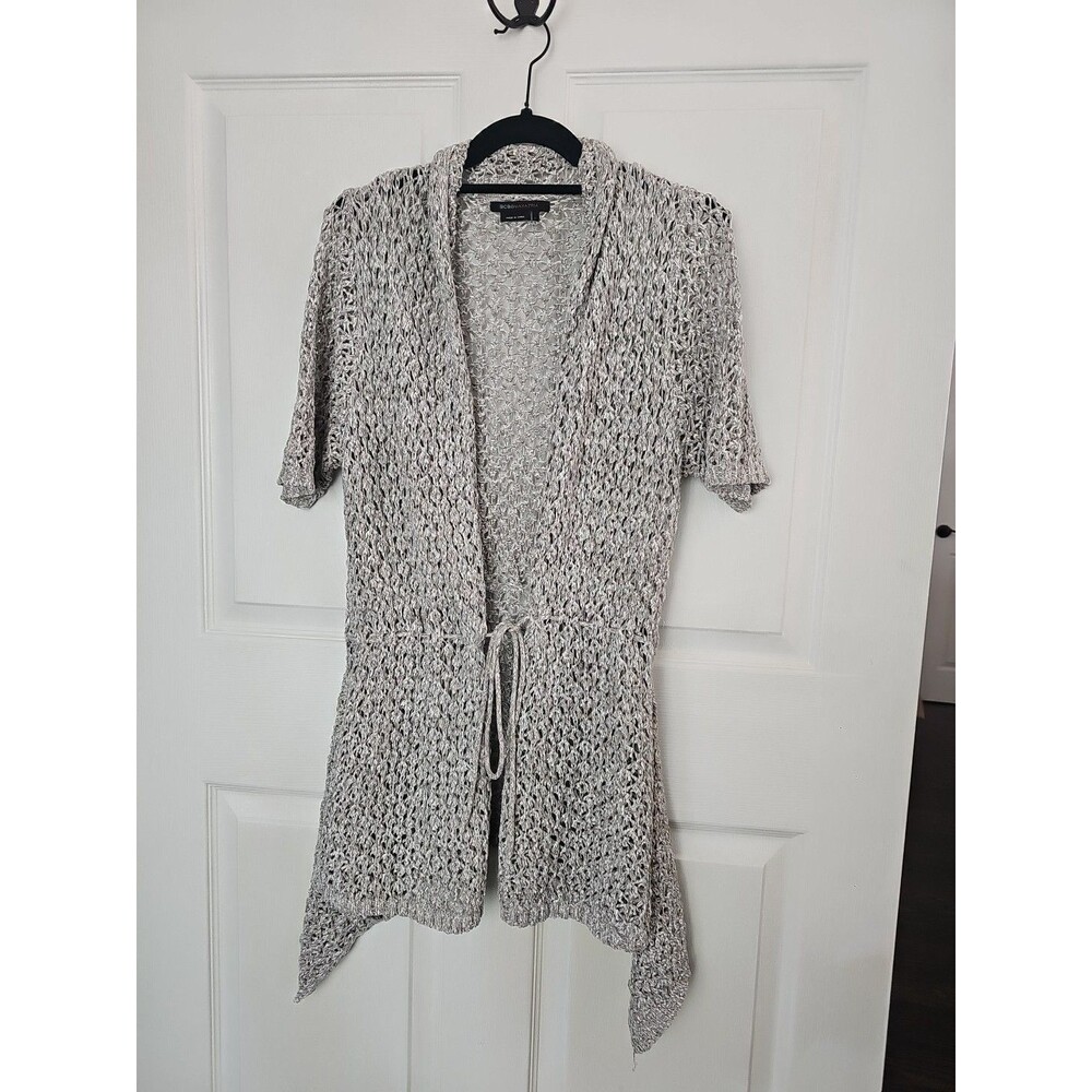 BCBG Women's Short-sleeve Open-front Crochet-style Cardigan Drawstring Large